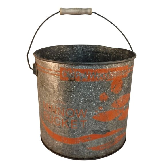 Vintage Galvanized Minnow Bucket Decorative Rustic Cabin Decor Trash Can Planter - Picture 1 of 13